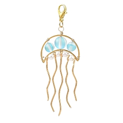 Sky Blue 201 Stainless Steel & Synthetic Moonstone Beaded Pendants Decoration, with Zinc Alloy Lobster Claw Clasps, Jellyfish, Sky Blue, 75mm