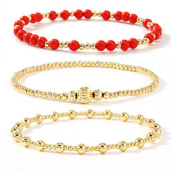 Красный 3Штукатурные браслеты из круглых бусин из стекла и латуни, эластичные., составные браслеты для женщин, золотые, красные, 6.50 дюйм (16.5 см) ~ 6.89 дюйм (17.5 см)