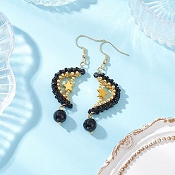 Черный Серьги с подвесками из натурального черного оникса, луна, со стеклом, золотые, чёрные, 62.5x17.5 мм