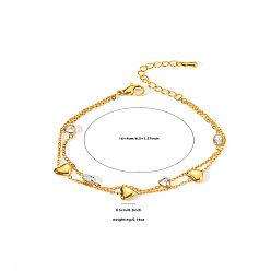 Сердце 304 из нержавеющей стали браслеты многожильных, браслеты для женщин, с кубического циркония, сердце, 6-1/4 дюйм(16см)+40мм