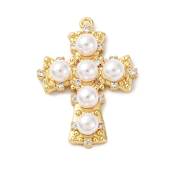 Настоящее золото 18K Латунные микро проложить кубического циркония подвески, с искусственным жемчугом, крест прелести, стойки покрытие, долговечный, без кадмия и без свинца, реальный 18 k позолоченный, 30x22.5x6.5 мм, отверстие : 1.4 мм