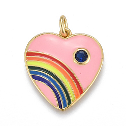 Pink Латунные микро проложить кубического циркония подвески, с эмалью, реальный 18 k позолоченный, сердце с радугой, розовые, 19x18x2 мм, отверстие: 3 мм, переходные кольца: 5x1 мм