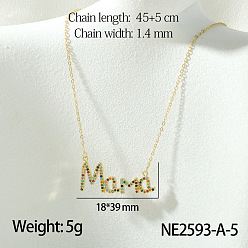 Слово Ожерелья с подвесками из латуни с микропаве из разноцветных кубических цирконий ко Дню матери, золотые, Слово мама, 17.72 дюйм (45 см), Кулон : 39x18 мм