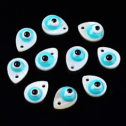 Dark Turquoise Natural Freshwater Shell Charms, with Enamel, Teardrop with Evil Eye, Dark Turquoise, 10.5x8x3~4mm, Hole: 1.2mm