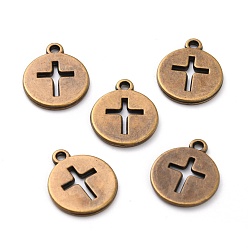 Antique Bronze CCB Pendant, Flat Round with Cross, Camel, 17.5x14.5x1.5mm, Hole: 1.7mm