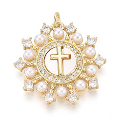 Настоящее золото 18K Латунные микропаве прозрачные подвески с фианитом, без кадмия и без свинца, плоский круглый крест, с ракушкой и имитацией жемчуга из АБС, с целью перехода в кольце, реальный 18 k позолоченный, 26x26x3.5 мм, отверстие : 3.5 мм