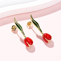 Красный Серьги-гвоздики из латуни, тюльпан, золотые, красные, 29x8 мм