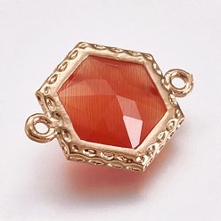 Помидор Граненые соединители звеньев кошачий глаз, с латунной найти, золотой свет, шестиугольник, помидор, 18x14.5x5 мм, отверстие : 1 мм