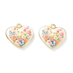 Colorful Printed Brass Pendants, Heart & Flower Pattern Charms, Rack Plating, Long-Lasting Plated, Lead Free & Cadmium Free, Real 18K Gold Plated, Colorful, 18.5x19x4.5mm, Hole: 2mm