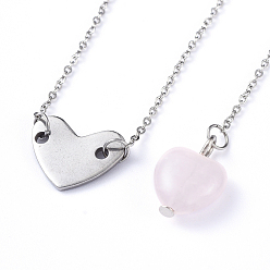Cuarzo Rosa Conjuntos de collares y collares con lazo de corazón, con los colgantes naturales de cuarzo rosa, 304 enlaces de acero inoxidable, cadenas portacables y cierres, collares pendientes: 15.74 pulgada (40 cm), collares de lazo: 19.68 pulgada (50 cm), 2 PC / sistema