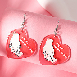 Малиновый Акриловые серьги-подвески ко Дню матери, Сердце с узором «рука в руке», платина, малиновый, 60x37 мм
