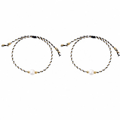 Negro Conjuntos de pulseras de cordón de algodón trenzado con cuentas redondas de perlas naturales de agua dulce para mujer, ideales para el verano., Pulseras apilables ajustables de estilo bohemio, dorado, negro, 11.02 pulgada (28 cm), 2 PC / sistema