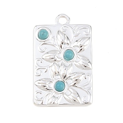 Rectangle Синтетические бирюзовые подвески, с 304 установками из нержавеющей стали, серебряный цвет гальваническим, прямоугольные, 31x19.5x4 мм, отверстие : 2.5 мм