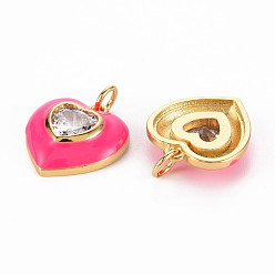 Mixed Color Brass Enamel Pendants, with Clear Cubic Zirconia and Jump Ring, Nickel Free, Real 16K Gold Plated, Heart, Mixed Color, 17.5x15.5x4.5mm, Hole: 3.5mm