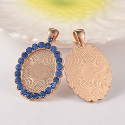 Light Sapphire Oval Alloy Rhinestone Pendant Cabochon Settings, Cadmium Free & Lead Free, Picture Memory Frame Pendants, Light Gold, Light Sapphire, Tray: 18x25mm, 43x27x3mm, Hole: 4x7mm, 38pcs/bag