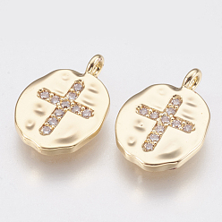 Real 18K Gold Plated Brass Charms, with Micro Pave Cubic Zirconia, Oval with Cross, Clear, Nickel Free, Real 18K Gold Plated, 14x10x1.5mm, Hole: 1.4mm