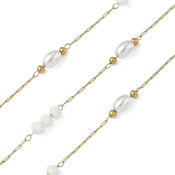 Белый 304 кабельные цепи из нержавеющей стали, со стеклом и АБС-пластиком, имитация жемчуга, ионное покрытие (ip), реальный 18 k позолоченный, пайки, с катушкой, круглый с овалом, белые, 9.5x3.5 мм, около 32.81 футов (10 м) / рулон