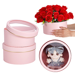 Бледно-Розовый 2 шт. 2 размеры плоские круглые картонные бумажные цветочные органайзеры упаковочные коробки, с пластиковыми окнами, розовый жемчуг, 22.5~24.2x11~12 см, 1 шт / размер