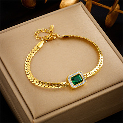Rectangle 304 браслеты на ногу из нержавеющей стали с изумрудными стразами, золотые, прямоугольные, 7-7/8 дюйм (200 мм)