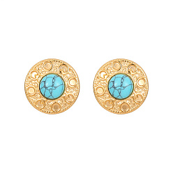 Synthetic Turquoise Synthetic Turquoise Flat Round Stud Earrings, Golden 304 Stainless Steel Earrings, 22mm