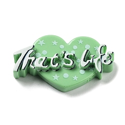 Lime Green Opaque Resin & Plastic Cabochons, Heart with Word That's Life, Lime Green, 20x34.5x6.5mm
