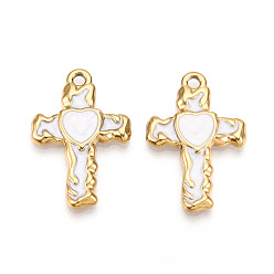(404) Непрозрачное AB Кислое яблоко 304 подвески из нержавеющей стали, с эмалью, крестик с сердечками, ионное покрытие (ip), реальный 18 k позолоченный, цветочный белый, 30x20x3 мм, отверстие : 2 мм