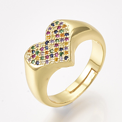 Golden Adjustable Brass Micro Pave Cubic Zirconia Finger Rings, Heart, Golden, Size 7, 17mm