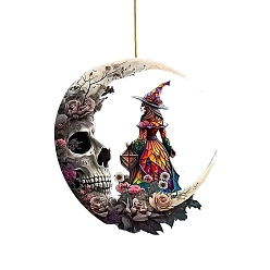 Witch Хэллоуин череп луна акриловая подвеска для автомобиля украшение, Подвесные украшения для внутреннего зеркала заднего вида автомобиля, ведьма, 85x80 мм