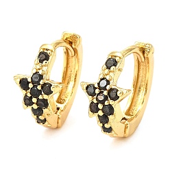 Черный Латунные микро проложить серьги обруча кубического циркония, реальный 18 k позолоченный, звезда, чёрные, 14x15x8 мм, штифты : 1 мм