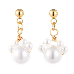 White Shell Pearl Dangle Stud Earrings, with 304 Stainless Steel Stud Earring Findings and Brass Ear Nuts, Dog Paw Prints, White, 24mm, Pin: 0.8mm
