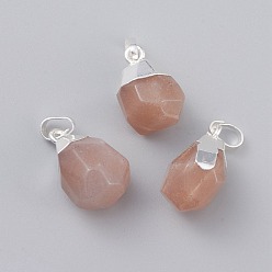 Sunstone Natural Sunstone Pendants, with Brass Bails, Faceted, Teardrop, Silver Color Plated, 19~21x12~14x11~15mm, Hole: 5x3mm