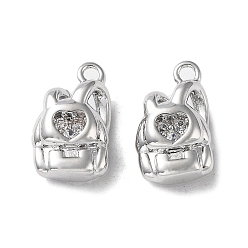 Real Platinum Plated Rack Plating Brass Micro Pave Cubic Zirconia Pendants, Schoolbag Charm, Real Platinum Plated, 12x7x4mm, Hole: 1.2mm