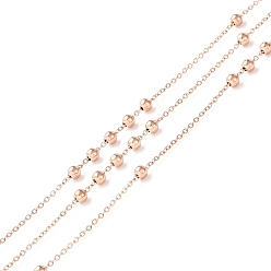 Розовое Золото Ионное покрытие (ip) 304 сателлитные цепи из нержавеющей стали, кабельные цепочки с круглыми бусинами, пайки, с катушкой, розовое золото , ссылка: 1x1x0.2 mm, бусины : 3 мм, около 32.8 футов (10 м) / рулон
