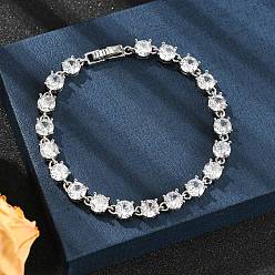 Платина Браслеты из латуни с микропаве из прозрачного кубического циркония, женские браслеты с плоскими круглыми звеньями, без кадмия и без свинца, стойки покрытие, долговечный, платина, 8-1/8 дюйм (20.5 см)