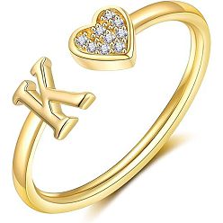 Letter K Регулируемые латунные кольца из манжеты из горного хрусталя, письмо и сердце, золотые, Письмо K, внутренний диаметр: 15~20 мм