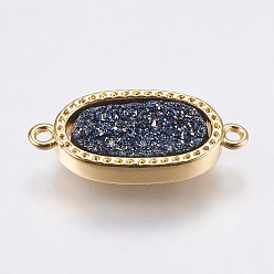 Prussian Blue Druzy Resin Links connectors, with Brass Finding, Oval, Golden, Prussian Blue, 21x9.5x3.5~4mm, Hole: 1.5mm