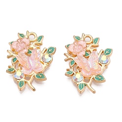 Pink Стойки обшивки сплава эмали подвески, паве из стразов и смолы, без кадмия, без никеля и без свинца, золотой свет, цветок с подвеской в виде бабочки, розовые, 26x20x6 мм, отверстие : 2 мм