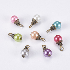 Antique Bronze Glass Pearl Pendants, with Iron Findings, Round, Antique Bronze, 16x8mm, Hole: 2~3mm