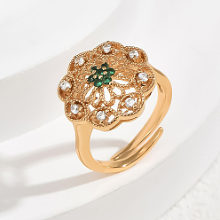 Зеленый Элегантные регулируемые кольца для женщин с микропаве из латуни и кубическими цирконами, цветок, золотые, зелёные, 17 мм, внутренний диаметр: регулируемый