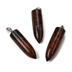 Красный Обсидиан Натуральные красно-коричневые обсидианные подвески, Подвески в форме пули с 304 защелкивающимися креплениями из нержавеющей стали, цвет нержавеющей стали, 45x11.5~12 мм, отверстие : 7x4 мм