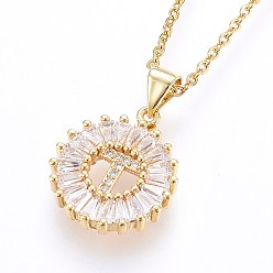 Letter T Подвеска-колье с инициалом из латуни, украшенная микропаве из кубического циркония., с 304 цепи из нержавеющей стали, плоские круглые с буквы, золотые, letter.t, 17.71 дюйм (45 см), Кулон : 22x16x3 мм