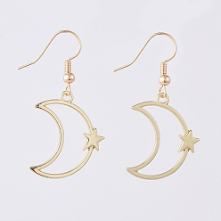 Golden Alloy Dangle Earrings, with Brass Real 18K Gold Plated Earring Hooks, Moon and Star, 41.5mm, Pin: 0.7mm