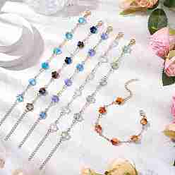 (52) Непрозрачная лаванда Латунные кабельные цепи бусины браслеты для женщин, слива, с гальваническими стеклянными бусинами и 304 фурнитурой из нержавеющей стали, разноцветные, 7 дюйм (17.7 см)