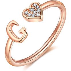 Letter G Регулируемые латунные кольца из манжеты из горного хрусталя, письмо и сердце, розовое золото , Буква G, внутренний диаметр: 15~20 мм