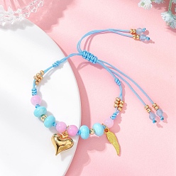 Небесно-голубой Браслеты с подвесками в виде крыла из сплава и 304 из нержавеющей стали в форме объемного сердца, Регулируемые плетеные браслеты из натурального окрашенного желтого нефрита, белого нефрита, окрашенной синтетической императорской яшмы и стеклянных бусин для женщин, голубой, внутренний диаметр: 1-1/4~2-7/8 дюйм (3.3~7.35 см)