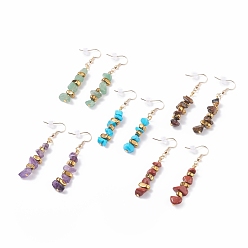 Mixed Stone Gemstone Chips Beaded Dangle Earrings, Brass Drop Earrings for Women, Golden, 56~60mm, Pin: 0.8mm
