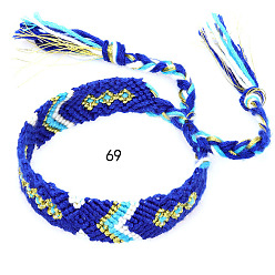 Blue Cotton Braided Rhombus Pattern Cord Bracelet, Ethnic Tribal Adjustable Brazilian Bracelet for Women, Blue, 5-7/8~14-1/8 inch(15~36cm)