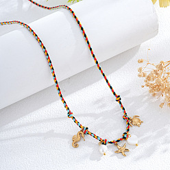 Разноцветный Летние пляжные плетеные веревочные ожерелья-нагрудники, Подвески из нержавеющей стали в виде морской звезды, морского конька и черепахи, а также искусственного жемчуга., золотые, красочный, 29.92 дюйм (76 см)