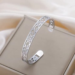 Stainless Steel Color 8MM Bohemian 304 Stainless Steel Hollow Flower Open Cuff Bangles for Women, Tarnish Free, Stainless Steel Color, Inner Diameter: 2.36 inch(6cm)