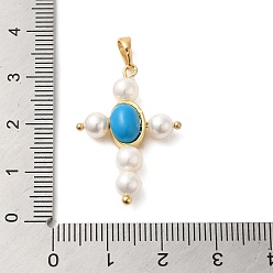 Real 18K Gold Plated Rack Plating Brass & Acrylic Pearl & Synthetic Turquoise Pendants, Long-Lasting Plated, Cadmium Free & Lead Free, Cross Charms, Real 18K Gold Plated, 29.5x19.5x6mm, Hole: 5.8x3.8mm
